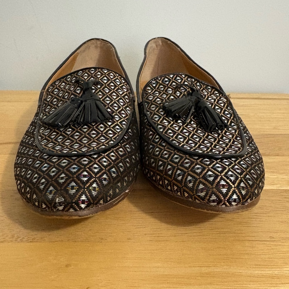 J. Crew Jacquard Tassel Loafers Black Gold Geometric Pattern Size 9 Old Money - Picture 12 of 12